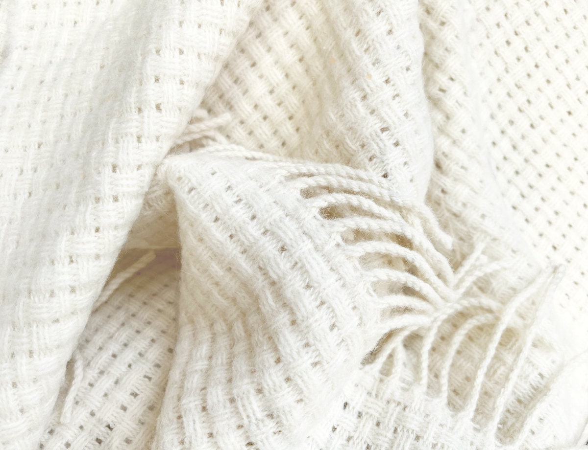 Merino Wool blend Textured Blanket Cream White