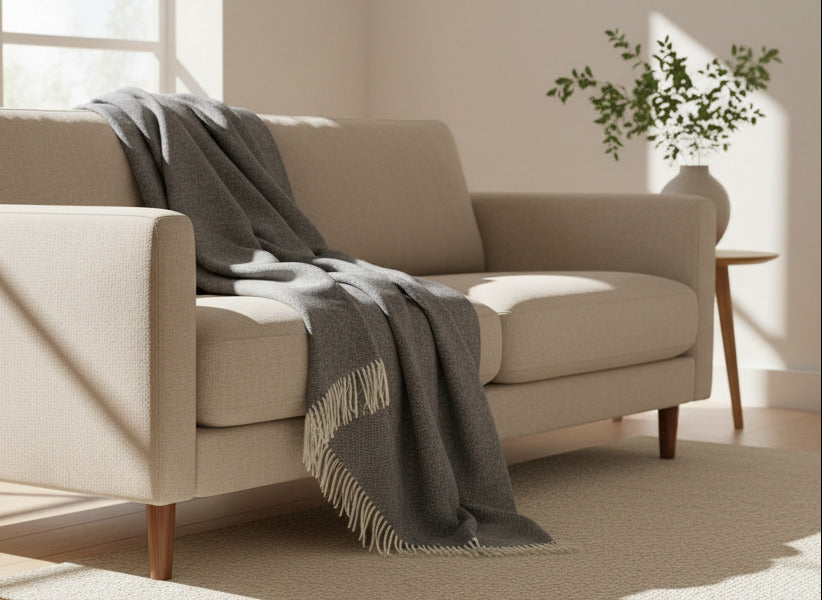 Grey blanket with white fringe draped over a sofa in a scandinavian style living room
