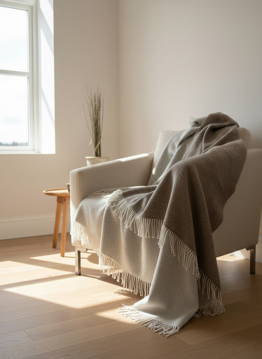 Gray blanket with white fringe draped over a surface