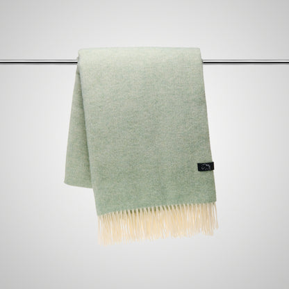 Green throw blanket with beige fringe on a white background