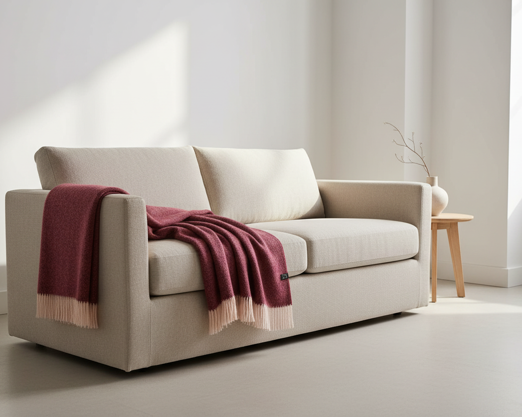 Light beige sofa with a dark red blanket draping on a side and front of the sofa