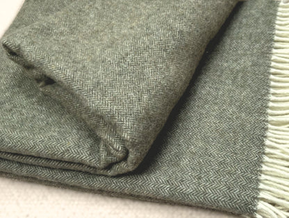 Cashmere and merino wool blanket herringbone vibrant olive and cream